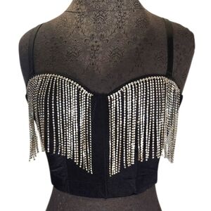 Papaya Womens Black Rhinestone Corset Bra Top Bustier Silver Fringe Size Medium